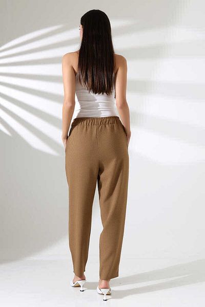 MOSRANİC Women's Brown Striped Elastic Waist Carrot Leg Classic Trousers Xn 8020