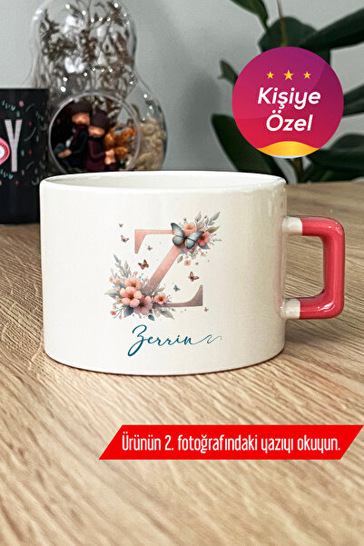 Hedizu Kişiye Özel Z Harfli Çiçekli Lüks Fincan Pembe İsme Özel İsim Yazılı İ...