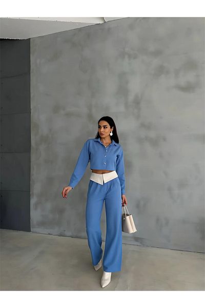 KAZAK Linen Shirt-Crop-Crop-Pants Suit - Blue