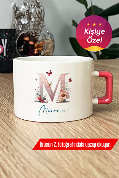 Hedizu Kişiye Özel Çiçekli Kelebekli M Harfli Lüks Fincan Pembe İsimli İsim Y...