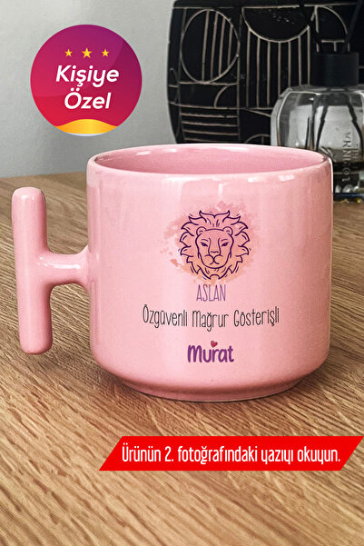 Hedizu Kişiye Özel Aslan Burcu İsim Yazılı Pastel T Kulplu Kupa Bardak Pembe ...