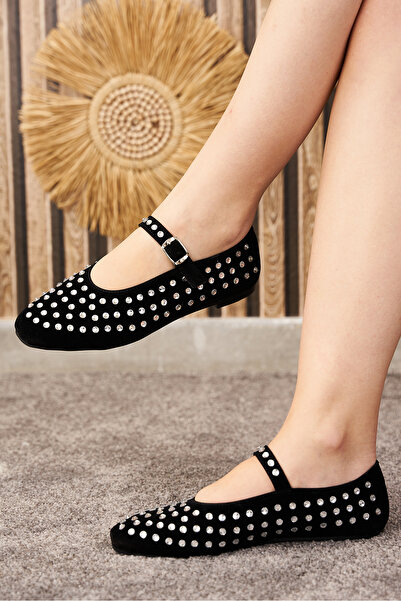 İmerShoes Daily Women's Silver Stone Babet Adjustable Buckle Single Band Short Heel Blunt Toe Shoes 301