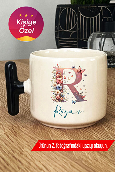 Hedizu Kişiye Özel Çiçekli Kelebekli R Harfli Kupa Bardak T Kulplu Siyah İsim...