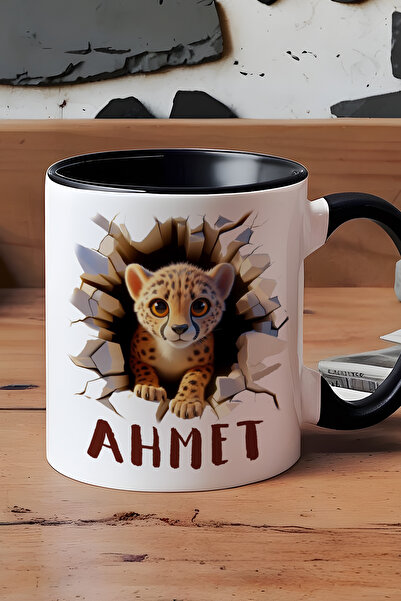Hedizu Kişiye Özel 3D Efektli Tatlı Çita Baskılı Kupa Bardak Siyah İsimli İsi...