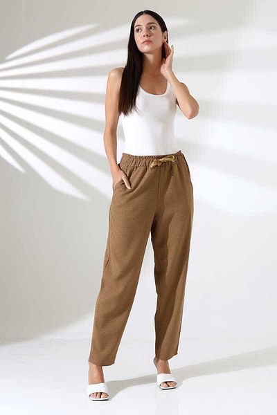 MOSRANİC Women's Brown Striped Elastic Waist Carrot Leg Classic Trousers Xn 8020