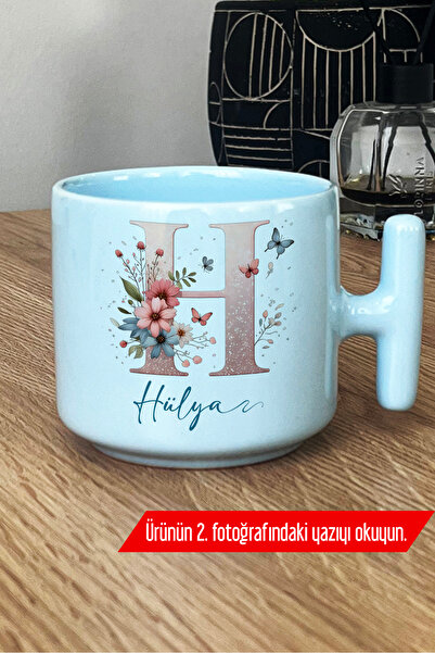 Hedizu Kişiye Özel Çiçekli Kelebekli H Harfli Pastel T Kulplu Kupa Bardak Mavi İsimli İsim Yazılı H6H X0D