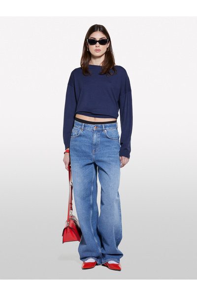 Sisley Women's Navy Blue Viscous Blended Regular Cut Solid Boat Neck Sweater