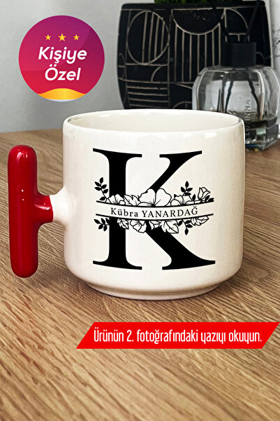 Hedizu Kişiye Özel K Baş Harfli Kupa Bardak T Kulplu Kırmızı İsimli İsim Yazı...
