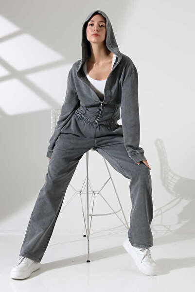 MOSRANİC Kadın Soft Koyu Antrasit Fermuarlı Kapüşonlu Eşofman Takımı Msc 221