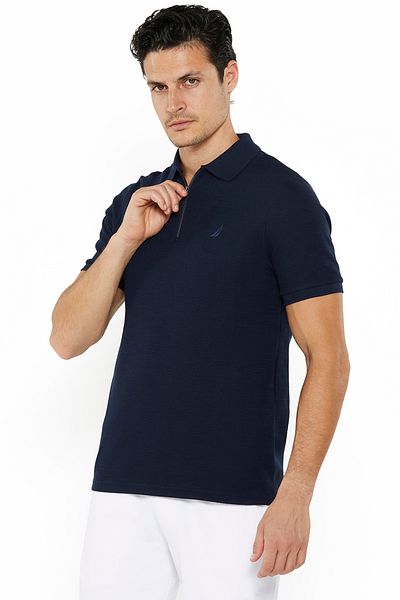 Nautica Men's Navy Blue Short Sleeve Zip Polo Shirt, Stylish Lightweight Knit for Sophisticated Summer Style