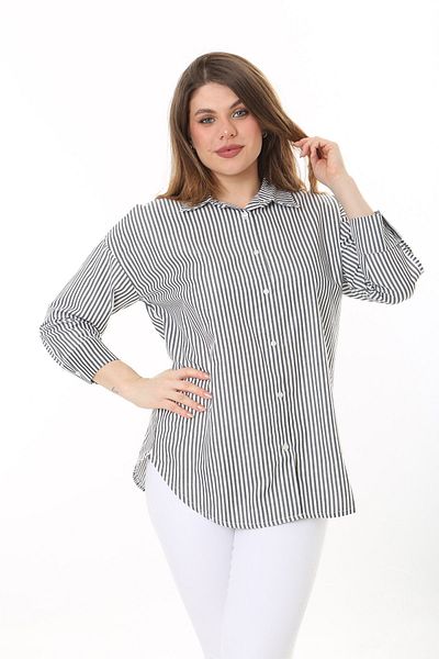 Şans Women's Large Size Bone Front Buttoned Cuffed Striped Shirt 65N37591