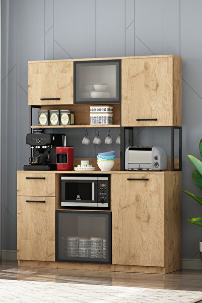 Eymense Leny 2+1 Modüllü 3 Kapaklı Çok Amaçlı Kahve Köşesi Dolabı Meşe