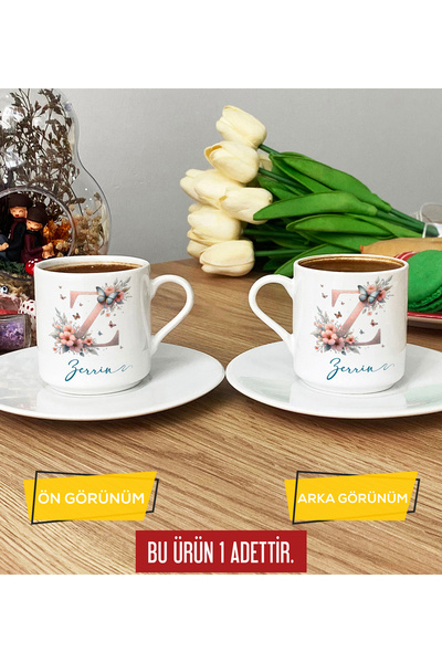 Hedizu Kişiye Özel Z Harfli Çiçekli Türk Kahvesi Fincanı Beyaz İsme Özel İsim...