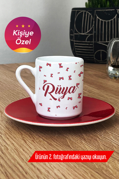 Hedizu Kişiye Özel Fiyonk Kurdele Desenli Türk Kahvesi Fincanı Kırmızı İsimli...