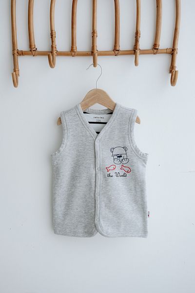 Mother Love 100% Organic Cotton Teddy Bear Patterned Gray Vest