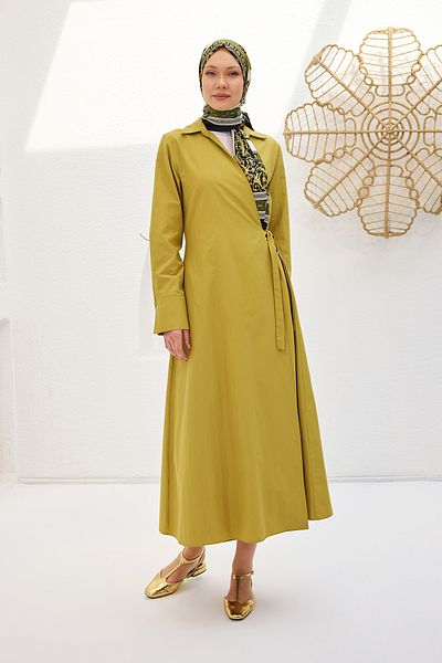 LOCCO Γυναικείο φόρεμα Green Oil Green Poplin Jan με δέσιμο