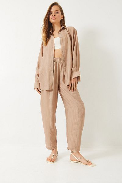 Bianco Lucci Women's Sieva Oversize Viscose Shirt and Pantalon Top and Bottom Set 9291 60281015