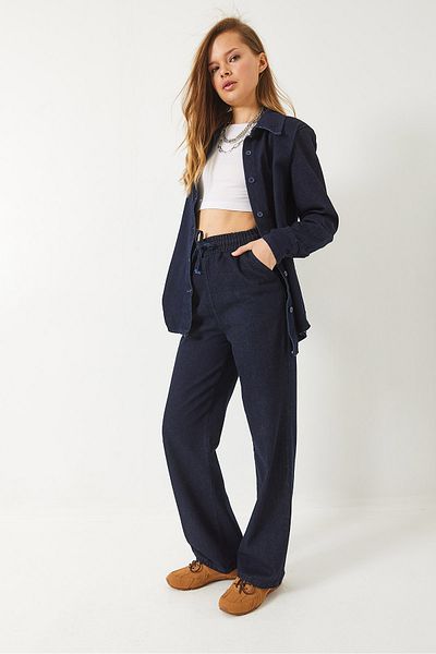 Bianco Lucci Women's Padding Detailed Belted Shirt Palazzo Pants Denim Suit 9299 60281009