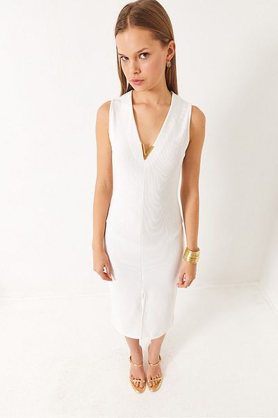Bianco Lucci Women's V Detailed Slim Ribbed Ottoman Dress with Front Slit 60284010