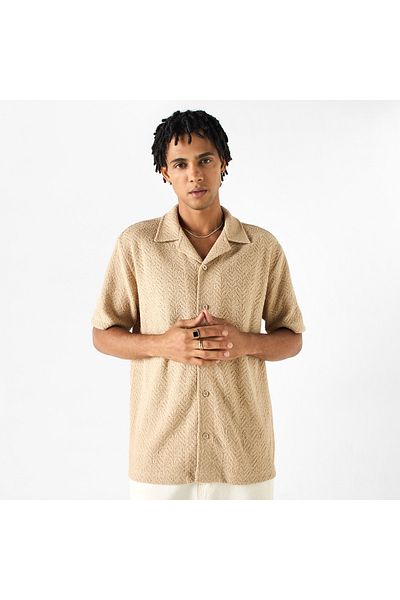 FAV Textured Camp Collar Shirt with Short Sleeves