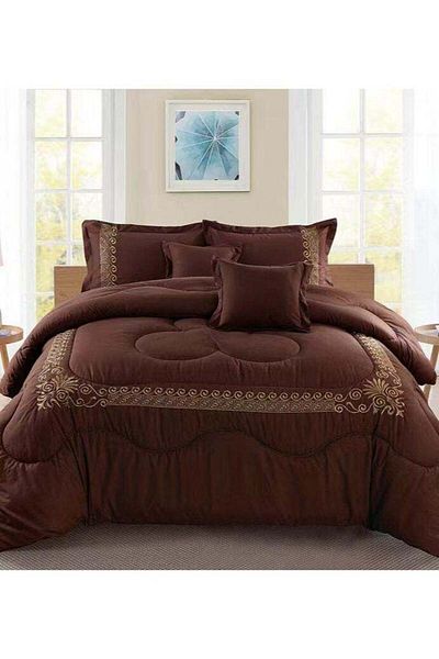Comfy 6 PC EMBROIDERY FLORAL COTTON SOFT KINGSIZE COMFORTER SET BROWN