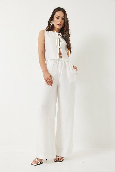 Bianco Lucci Women's Lacing Detailed Vest with High Waist Pants Summer Bottom-Top Suit 9310 60281013