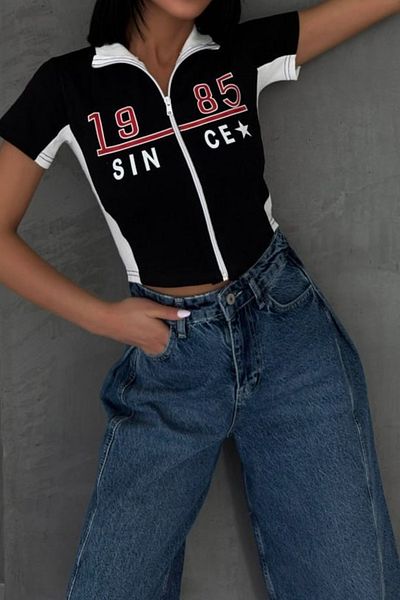 Köstebek Black Stripe since 1985 Star Zipper Short Sleeve Crop Cardigan