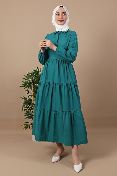 GİYZAMİLA Standard Collar Buttoned Dress Petrol Green