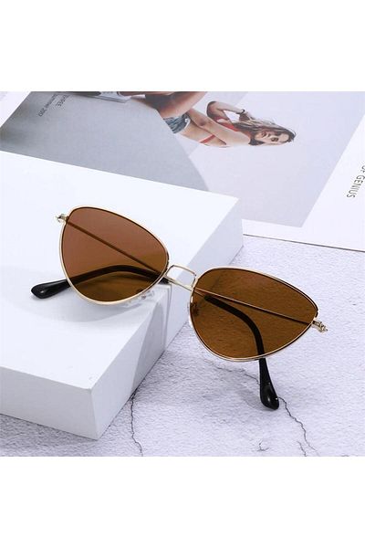 Köstebek New Cornered Thin Gold Framed Cateye Sunglasses with Brown Lenses