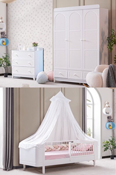 Setay Perla Beyaz Çocuk Odası, Beyaz Perla 3 Kapaklı Dolap Şifonyer Lidya Karyola