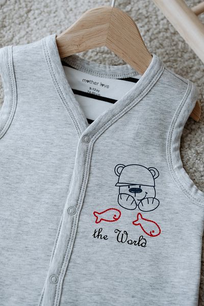 Mother Love 100% Organic Cotton Teddy Bear Patterned Gray Vest