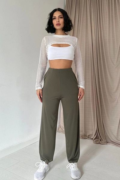 Butik Khaki Pencil Rubber Detailed Trousers