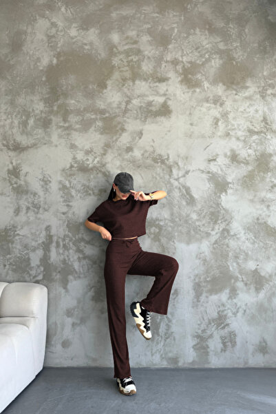 YAKAMEL Set Crinkle Basic cu mânecă scurtă și top înfășurat pentru femei