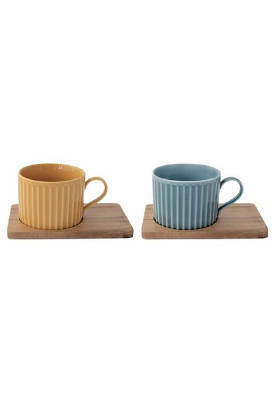 DR EASY LİFE Porcelain set of 2 250ml cups and blue/orange acacia wood plates