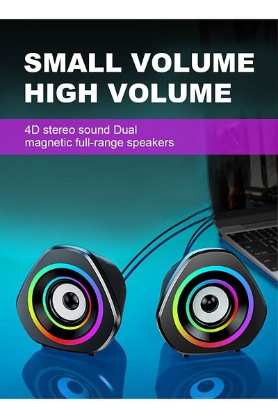 SADA Computer Speakers,Wired USB Powered Stereo Mini PC Speaker with RGB Lights 3.5mm Aux Input