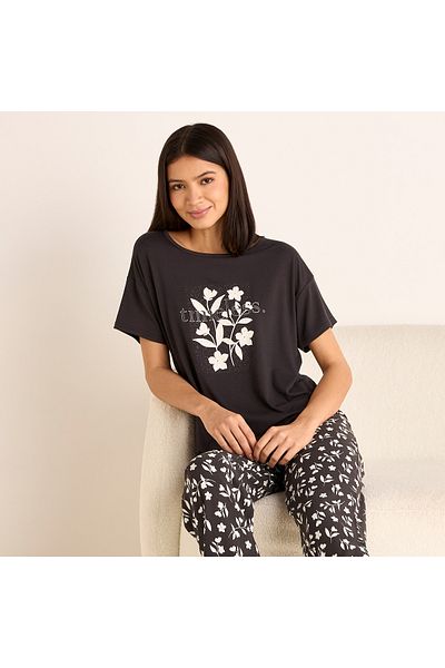 FAV Floral Print Round Neck T-shirt and Pyjama Set