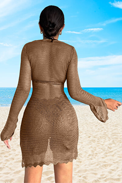 citystyle Μπεζ σετ παραλίας με σορτς - U δαντέλα λαιμόκοψη, δέσιμο στη μέση και σχιστό μανίκι από διχτυωτό