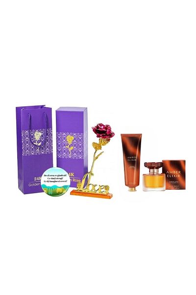 Oriflame Amber Elixir SET (eau de parfum, hand cream)+Badge+Red rose bag with stand