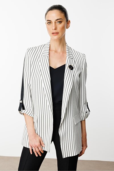 Moda İlgi Modailgi  Kolları Apolet ve Şerit Detaylı İnce Astarlı Çizgili Ceket Siyah