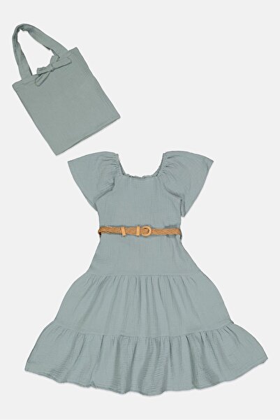 Willow & Whistle Kids Girl Plain Belted Dress With Tote Bag, Sage Green