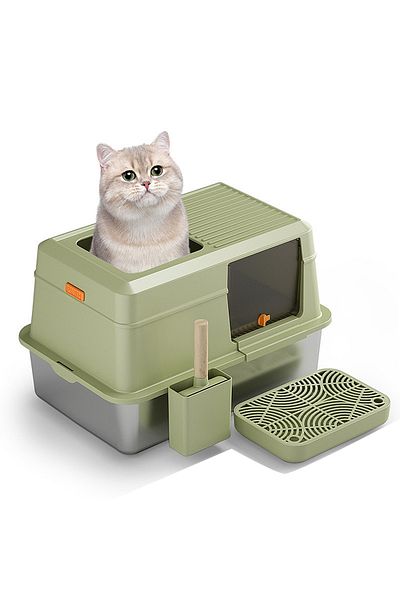 KidLe Enclosed Stainless Steel Cat Litter Box with Lid Metal Litter Pan Tray with High Wall Sides