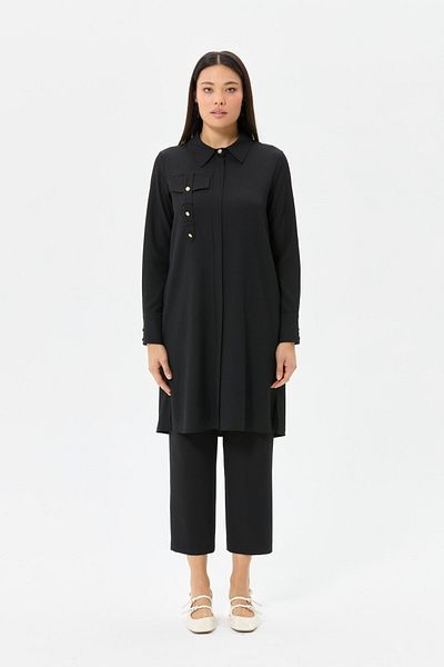 Esswaap Gold Button Detailed Textured Tunic Black