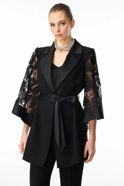 Moda İlgi Modailgi Sleeves Beads and Guapar Long Jacket Black