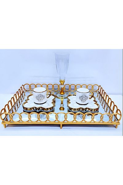 ASYA PAZARLAMA Mirrored Ring Tray - Gold Color Rectangular Presentation Tea and Coffee Tray