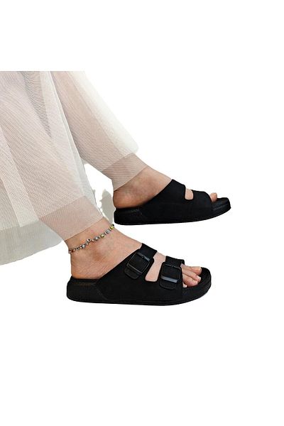 Pierre Cardin 7410 Black Double Buckle Soft Sole Comfortable Slippers
