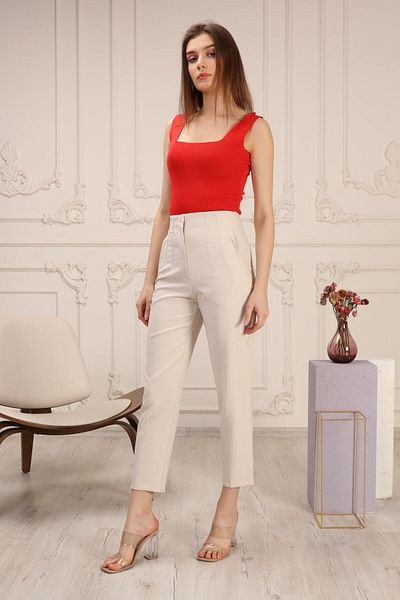 Berm Women's Stone Ecru Color Striped Collet High Waist Stitching Detailed Trousers