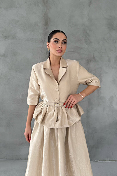 Seda Yalçın Atelier Beige Jacket and Skirt Set with Thin Belt Ruffles