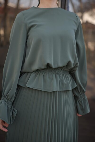 Nissra Ankanoor Light Khaki Pleated Skirt Suit Anka 255076