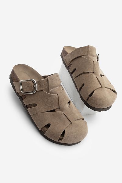 Marjin Dámske originálne kožené predné uzavreté denné olivové semišové papuče Yolis Soil Suede