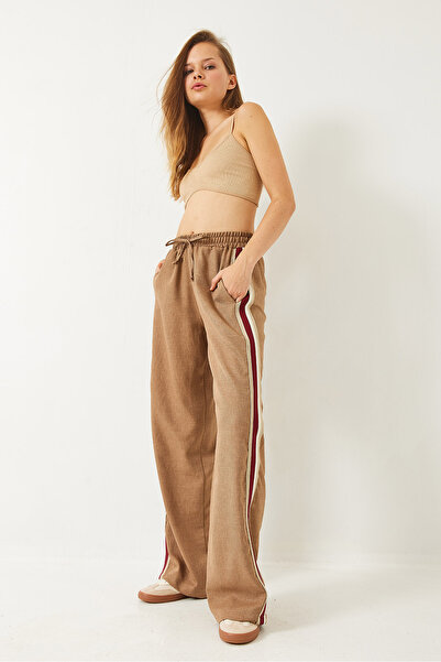 Bianco Lucci Women's Ribbed Stripe Accessory Lacing Detailed Pocket Linen Palazzo Trousers 80148 60271080